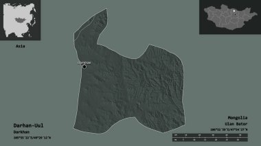 Darhan-Uul 'un şekli, Moğolistan belediyesi ve başkenti. Uzaklık ölçeği, ön gösterimler ve etiketler. Renkli yükseklik haritası. 3B görüntüleme
