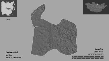 Darhan-Uul 'un şekli, Moğolistan belediyesi ve başkenti. Uzaklık ölçeği, ön gösterimler ve etiketler. Çift seviyeli yükseklik haritası. 3B görüntüleme