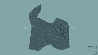 Moğolistan belediyesi Darhan-Uul 'un bölgesi, bir sınır kutusunda sağlam bir zemin üzerinde izole edildi. Etiketler. Renkli yükseklik haritası. 3B görüntüleme