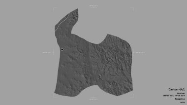 Moğolistan belediyesi Darhan-Uul 'un bölgesi, bir sınır kutusunda sağlam bir zemin üzerinde izole edildi. Etiketler. Çift seviyeli yükseklik haritası. 3B görüntüleme