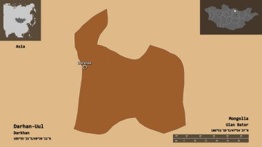 Darhan-Uul 'un şekli, Moğolistan belediyesi ve başkenti. Uzaklık ölçeği, ön gösterimler ve etiketler. Düzenli desenli dokuların bileşimi. 3B görüntüleme