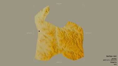 Moğolistan belediyesi Darhan-Uul 'un bölgesi, bir sınır kutusunda sağlam bir zemin üzerinde izole edildi. Etiketler. Topografik yardım haritası. 3B görüntüleme