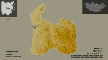 Darhan-Uul 'un şekli, Moğolistan belediyesi ve başkenti. Uzaklık ölçeği, ön gösterimler ve etiketler. Topografik yardım haritası. 3B görüntüleme