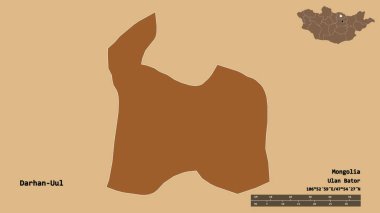 Moğolistan Belediyesi 'nin başkenti Darhan-Uul' un sureti sağlam bir zemin üzerinde izole edilmiştir. Uzaklık ölçeği, bölge önizlemesi ve etiketleri. Düzenli desenli dokuların bileşimi. 3B görüntüleme