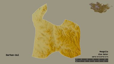 Moğolistan Belediyesi 'nin başkenti Darhan-Uul' un sureti sağlam bir zemin üzerinde izole edilmiştir. Uzaklık ölçeği, bölge önizlemesi ve etiketleri. Topografik yardım haritası. 3B görüntüleme