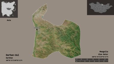Darhan-Uul 'un şekli, Moğolistan belediyesi ve başkenti. Uzaklık ölçeği, ön gösterimler ve etiketler. Uydu görüntüleri. 3B görüntüleme
