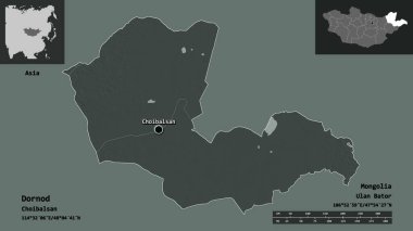 Dornod 'un şekli, Moğolistan ili ve başkenti. Uzaklık ölçeği, ön gösterimler ve etiketler. Renkli yükseklik haritası. 3B görüntüleme