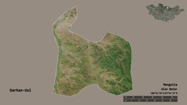 Moğolistan Belediyesi 'nin başkenti Darhan-Uul' un sureti sağlam bir zemin üzerinde izole edilmiştir. Uzaklık ölçeği, bölge önizlemesi ve etiketleri. Uydu görüntüleri. 3B görüntüleme