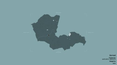 Dornod bölgesi, Moğolistan bölgesi, katı bir arka planda izole edilmiş bir sınır kutusunda. Etiketler. Renkli yükseklik haritası. 3B görüntüleme