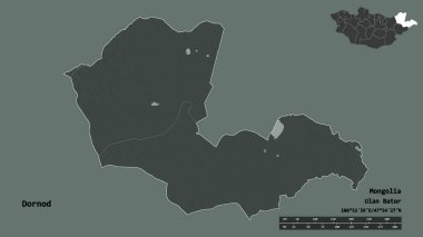 Dornod, Moğolistan eyaleti, başkenti katı bir zemin üzerinde izole edilmiştir. Uzaklık ölçeği, bölge önizlemesi ve etiketleri. Renkli yükseklik haritası. 3B görüntüleme