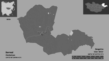Dornod 'un şekli, Moğolistan ili ve başkenti. Uzaklık ölçeği, ön gösterimler ve etiketler. Çift seviyeli yükseklik haritası. 3B görüntüleme