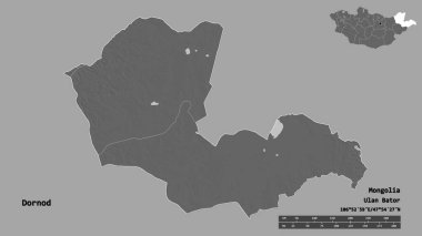 Dornod, Moğolistan eyaleti, başkenti katı bir zemin üzerinde izole edilmiştir. Uzaklık ölçeği, bölge önizlemesi ve etiketleri. Çift seviyeli yükseklik haritası. 3B görüntüleme