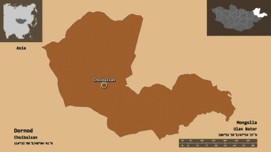 Dornod 'un şekli, Moğolistan ili ve başkenti. Uzaklık ölçeği, ön gösterimler ve etiketler. Düzenli desenli dokuların bileşimi. 3B görüntüleme