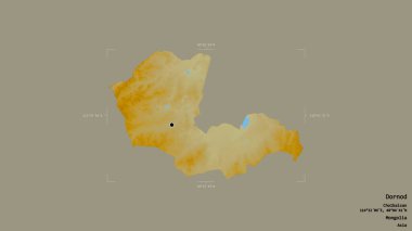 Dornod bölgesi, Moğolistan bölgesi, katı bir arka planda izole edilmiş bir sınır kutusunda. Etiketler. Topografik yardım haritası. 3B görüntüleme