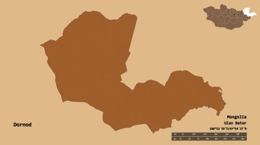 Dornod, Moğolistan eyaleti, başkenti katı bir zemin üzerinde izole edilmiştir. Uzaklık ölçeği, bölge önizlemesi ve etiketleri. Düzenli desenli dokuların bileşimi. 3B görüntüleme