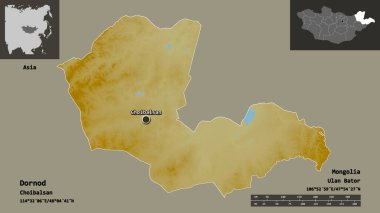 Dornod 'un şekli, Moğolistan ili ve başkenti. Uzaklık ölçeği, ön gösterimler ve etiketler. Topografik yardım haritası. 3B görüntüleme
