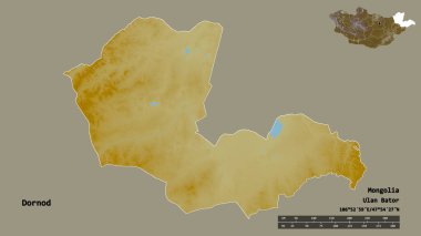 Dornod, Moğolistan eyaleti, başkenti katı bir zemin üzerinde izole edilmiştir. Uzaklık ölçeği, bölge önizlemesi ve etiketleri. Topografik yardım haritası. 3B görüntüleme