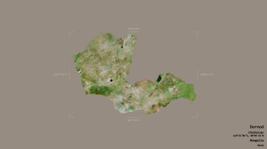 Dornod bölgesi, Moğolistan bölgesi, katı bir arka planda izole edilmiş bir sınır kutusunda. Etiketler. Uydu görüntüleri. 3B görüntüleme