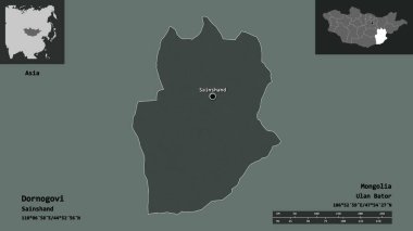 Dornogovi 'nin şekli, Moğolistan ili ve başkenti. Uzaklık ölçeği, ön gösterimler ve etiketler. Renkli yükseklik haritası. 3B görüntüleme