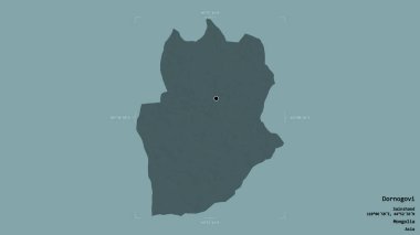 Moğolistan 'ın Dornogovi bölgesinde katı bir arka planda izole edilmiş bir sınır kutusu var. Etiketler. Renkli yükseklik haritası. 3B görüntüleme