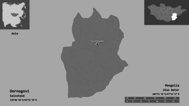 Dornogovi 'nin şekli, Moğolistan ili ve başkenti. Uzaklık ölçeği, ön gösterimler ve etiketler. Çift seviyeli yükseklik haritası. 3B görüntüleme
