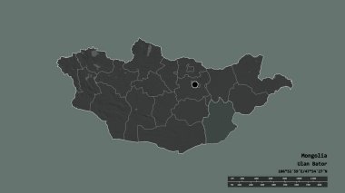 Başkenti, ana bölgesel bölünmesi ve bölünmüş Dornogovi bölgesiyle Moğolistan 'ın deforme edilmiş şekli. Etiketler. Renkli yükseklik haritası. 3B görüntüleme