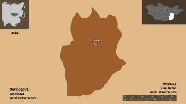 Dornogovi 'nin şekli, Moğolistan ili ve başkenti. Uzaklık ölçeği, ön gösterimler ve etiketler. Düzenli desenli dokuların bileşimi. 3B görüntüleme