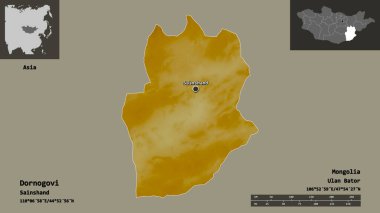 Dornogovi 'nin şekli, Moğolistan ili ve başkenti. Uzaklık ölçeği, ön gösterimler ve etiketler. Topografik yardım haritası. 3B görüntüleme