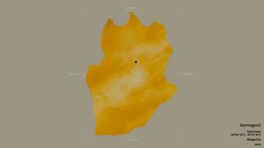 Moğolistan 'ın Dornogovi bölgesinde katı bir arka planda izole edilmiş bir sınır kutusu var. Etiketler. Topografik yardım haritası. 3B görüntüleme