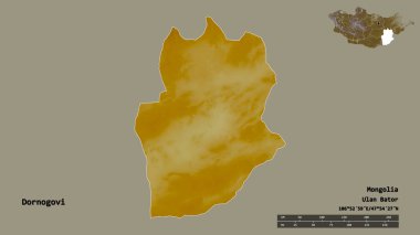 Dornogovi, Moğolistan eyaleti, başkenti katı bir zemin üzerinde izole edilmiştir. Uzaklık ölçeği, bölge önizlemesi ve etiketleri. Topografik yardım haritası. 3B görüntüleme
