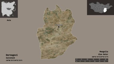 Dornogovi 'nin şekli, Moğolistan ili ve başkenti. Uzaklık ölçeği, ön gösterimler ve etiketler. Uydu görüntüleri. 3B görüntüleme