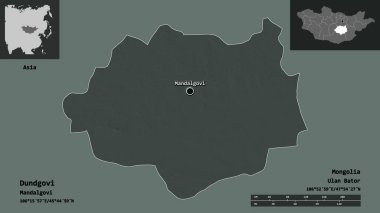 Dundgovi 'nin şekli, Moğolistan ili ve başkenti. Uzaklık ölçeği, ön gösterimler ve etiketler. Renkli yükseklik haritası. 3B görüntüleme
