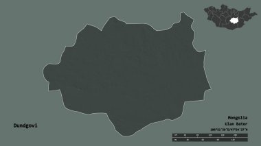 Moğolistan 'ın Dundgovi şehrinin başkenti sağlam bir zemin üzerinde izole edilmiştir. Uzaklık ölçeği, bölge önizlemesi ve etiketleri. Renkli yükseklik haritası. 3B görüntüleme