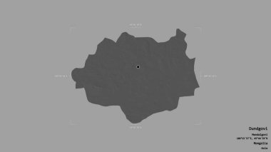 Dundgovi bölgesi, Moğolistan ili, katı bir arka planda bir sınır kutusunda izole edilmiş. Etiketler. Çift seviyeli yükseklik haritası. 3B görüntüleme