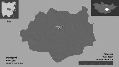 Dundgovi 'nin şekli, Moğolistan ili ve başkenti. Uzaklık ölçeği, ön gösterimler ve etiketler. Çift seviyeli yükseklik haritası. 3B görüntüleme