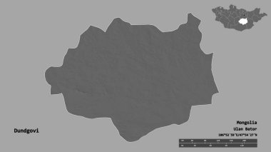 Moğolistan 'ın Dundgovi şehrinin başkenti sağlam bir zemin üzerinde izole edilmiştir. Uzaklık ölçeği, bölge önizlemesi ve etiketleri. Çift seviyeli yükseklik haritası. 3B görüntüleme