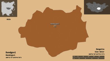 Dundgovi 'nin şekli, Moğolistan ili ve başkenti. Uzaklık ölçeği, ön gösterimler ve etiketler. Düzenli desenli dokuların bileşimi. 3B görüntüleme