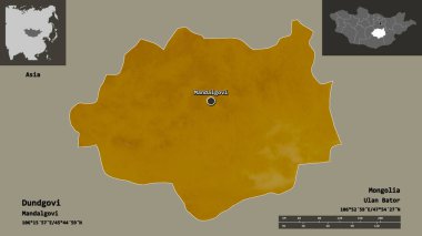 Dundgovi 'nin şekli, Moğolistan ili ve başkenti. Uzaklık ölçeği, ön gösterimler ve etiketler. Topografik yardım haritası. 3B görüntüleme