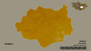 Moğolistan 'ın Dundgovi şehrinin başkenti sağlam bir zemin üzerinde izole edilmiştir. Uzaklık ölçeği, bölge önizlemesi ve etiketleri. Topografik yardım haritası. 3B görüntüleme
