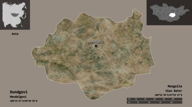 Dundgovi 'nin şekli, Moğolistan ili ve başkenti. Uzaklık ölçeği, ön gösterimler ve etiketler. Uydu görüntüleri. 3B görüntüleme