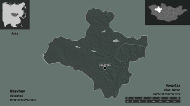 Cavhan Şekli, Moğolistan ili ve başkenti. Uzaklık ölçeği, ön gösterimler ve etiketler. Renkli yükseklik haritası. 3B görüntüleme