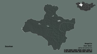 Moğolistan 'ın Dzavhan şehrinin başkenti, sağlam bir zemine sahip. Uzaklık ölçeği, bölge önizlemesi ve etiketleri. Renkli yükseklik haritası. 3B görüntüleme