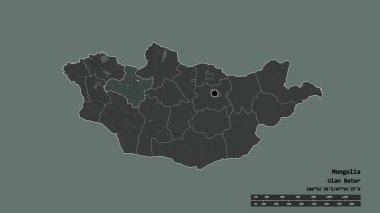 Başkenti, ana bölgesel bölünmesi ve bölünmüş Dzavhan bölgesiyle birlikte Moğolistan 'ın deforme edilmiş şekli. Etiketler. Renkli yükseklik haritası. 3B görüntüleme