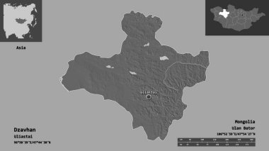 Cavhan Şekli, Moğolistan ili ve başkenti. Uzaklık ölçeği, ön gösterimler ve etiketler. Çift seviyeli yükseklik haritası. 3B görüntüleme