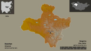 Cavhan Şekli, Moğolistan ili ve başkenti. Uzaklık ölçeği, ön gösterimler ve etiketler. Topografik yardım haritası. 3B görüntüleme