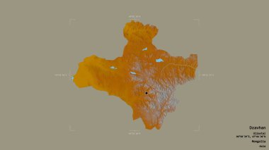 Moğolistan 'ın Dzavhan bölgesi, katı bir arka planda, bir sınır kutusunda izole edilmiş. Etiketler. Topografik yardım haritası. 3B görüntüleme