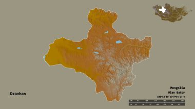 Moğolistan 'ın Dzavhan şehrinin başkenti, sağlam bir zemine sahip. Uzaklık ölçeği, bölge önizlemesi ve etiketleri. Topografik yardım haritası. 3B görüntüleme