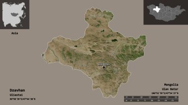 Cavhan Şekli, Moğolistan ili ve başkenti. Uzaklık ölçeği, ön gösterimler ve etiketler. Uydu görüntüleri. 3B görüntüleme