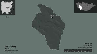 Govi-Altay Şekli, Moğolistan ili ve başkenti. Uzaklık ölçeği, ön gösterimler ve etiketler. Renkli yükseklik haritası. 3B görüntüleme
