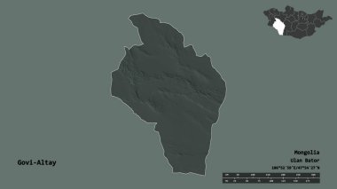 Moğolistan 'ın Govi-Altay eyaleti, başkenti sağlam bir zemin üzerinde izole edilmiştir. Uzaklık ölçeği, bölge önizlemesi ve etiketleri. Renkli yükseklik haritası. 3B görüntüleme